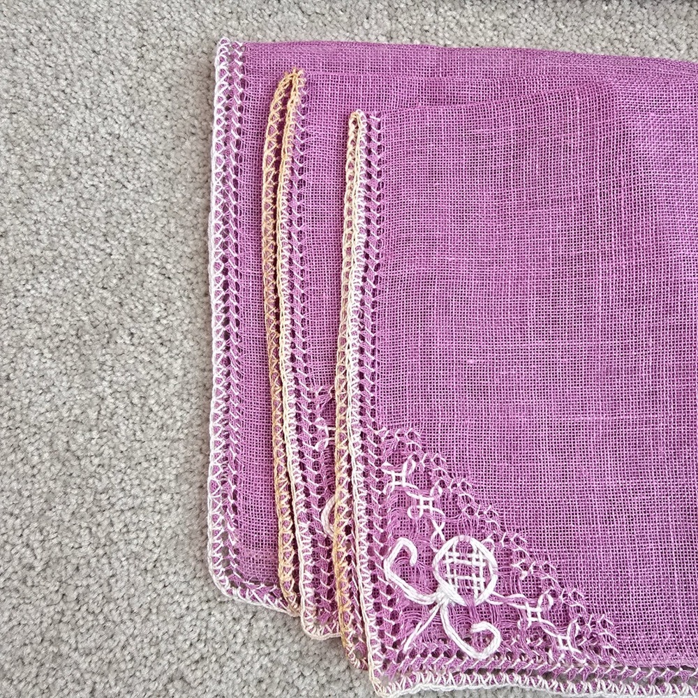 Vintage Orchid Purple Linen Napkins Set of 8 Hand Crocheted White Lace Trim